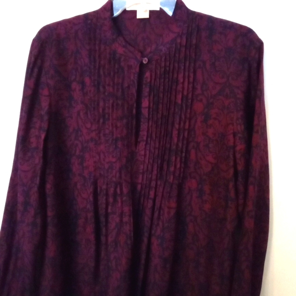 Micheal Kors Women's Silk Burgundy Damask Print Long Sleeve Blouse Size 14